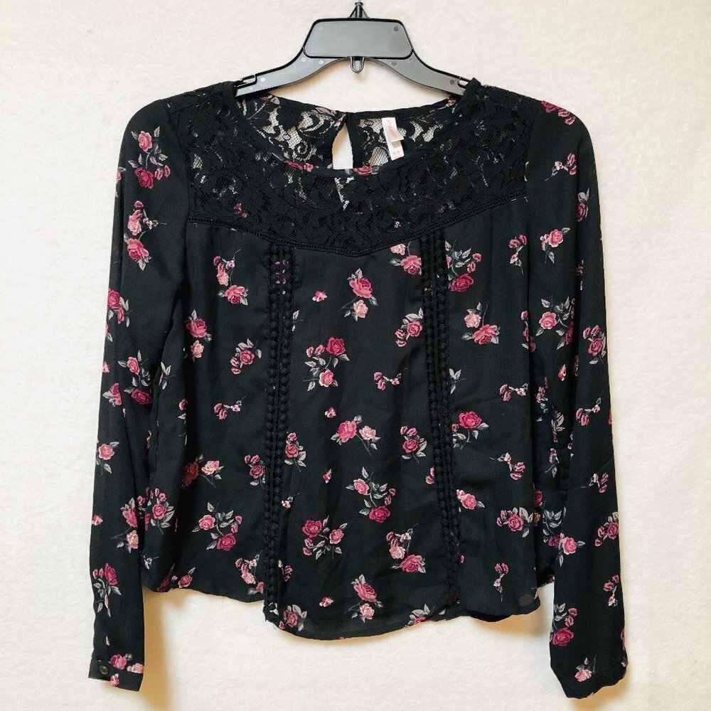 Xhilaration Black Floral Long Sleeve Boxy Blouse Size Medium